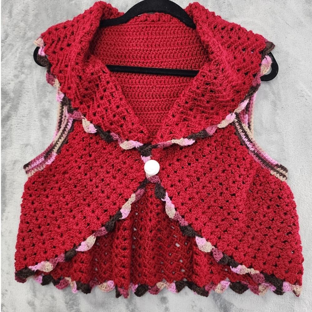 Vintage Vest Womens S Red Pink Brown Tan Crochet‎ Knit Crop Circle Single Button